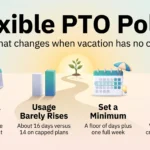 Flexible PTO Policy: Pros and Cons of Unlimited Vacation for Employees Flexible PTO policy infographic: no accrual bank, usage barely rises, set a minimum number of days and write the policy carefully.