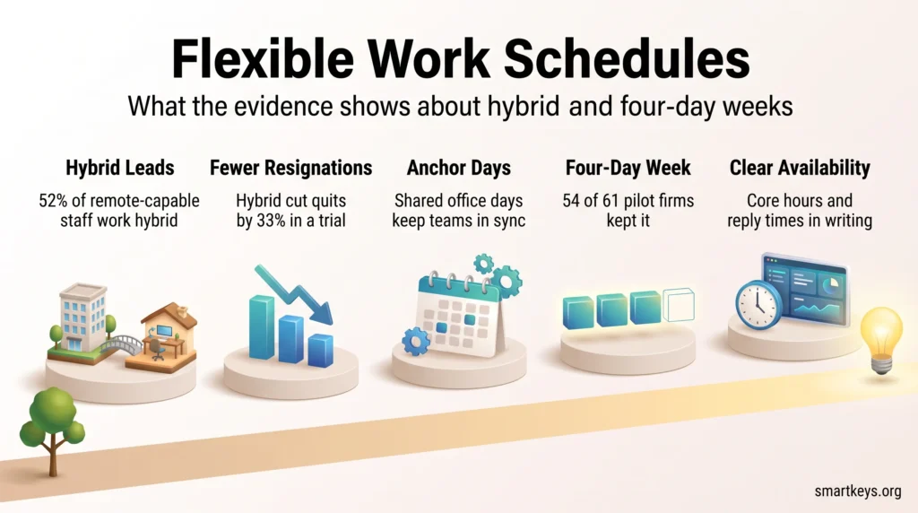 Infographic on flexible work schedules showing hybrid adoption, fewer resignations, anchor days, four-day week pilot results and clear availability rules.