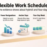 Flexible Work Schedules in 2026: What the Evidence Shows Infographic on flexible work schedules showing hybrid adoption, fewer resignations, anchor days, four-day week pilot results and clear availability rules.