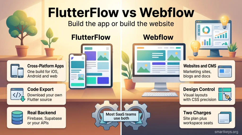 FlutterFlow vs Webflow infographic comparing cross-platform apps with code export against Webflow websites, CMS and design control.