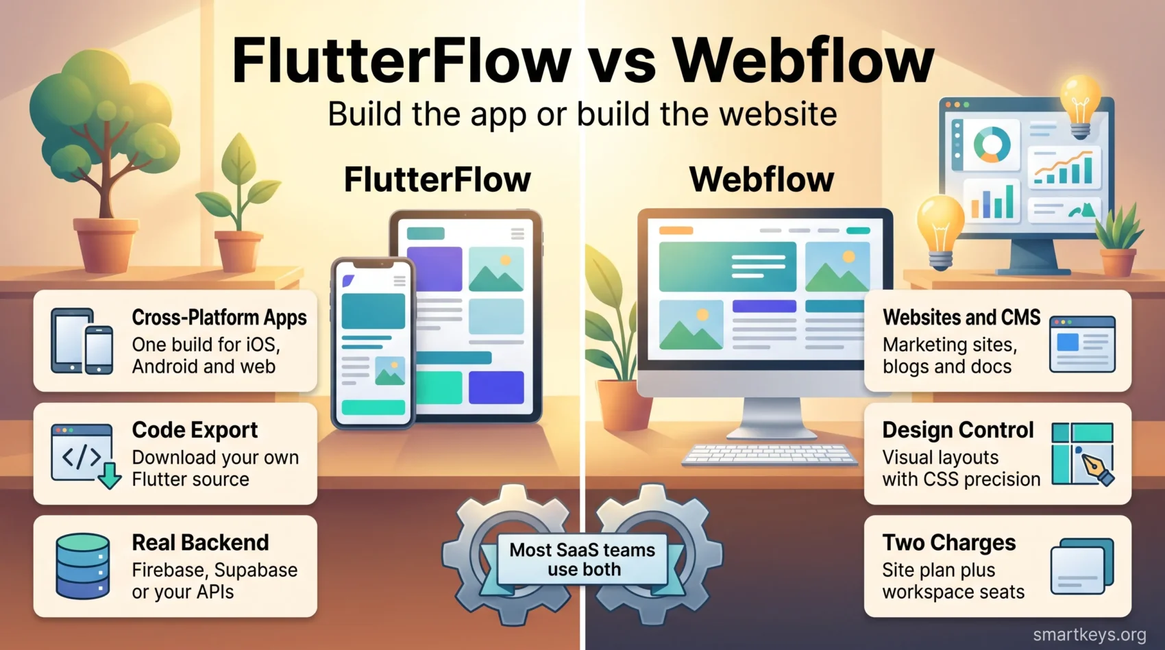 FlutterFlow vs Webflow infographic comparing cross-platform apps with code export against Webflow websites, CMS and design control.