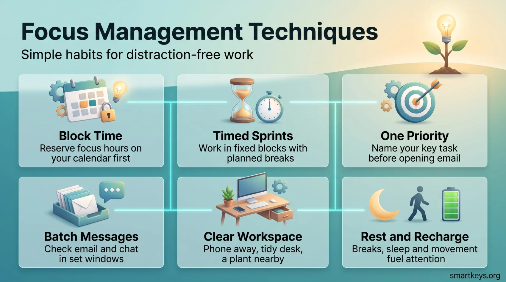Focus management techniques infographic showing six habits: block time, timed sprints, one priority, batch messages, clear workspace, rest and recharge.