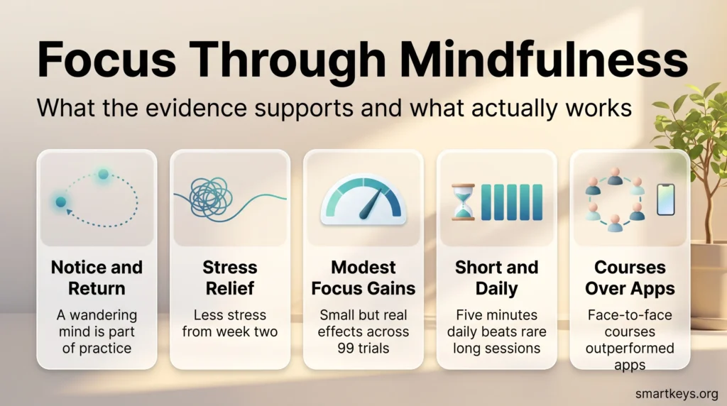 Infographic on improving focus with mindfulness: noticing a wandering mind, stress relief, modest focus gains, short daily practice and courses over apps.