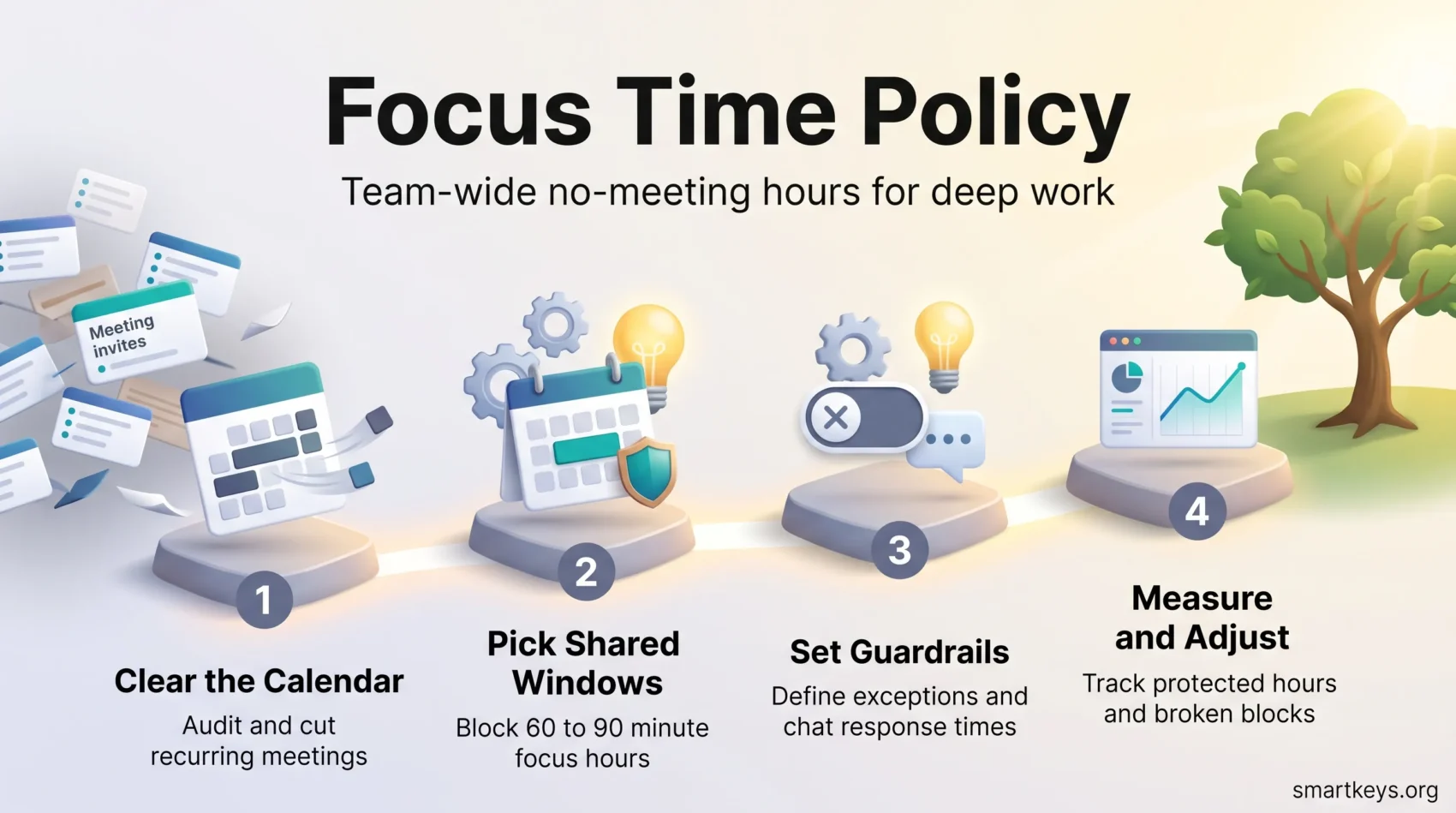 Infographic on a focus time policy: four steps from clearing the calendar and picking shared no-meeting windows to setting guardrails and measuring results.