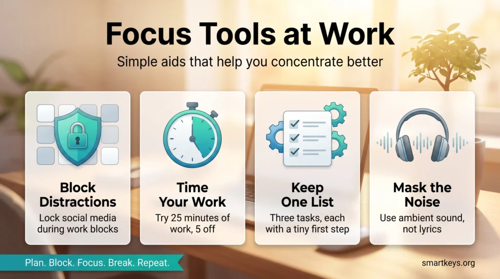Focus tools infographic showing four simple aids: a distraction blocker, a 25 minute work timer, one short task list and ambient sound.
