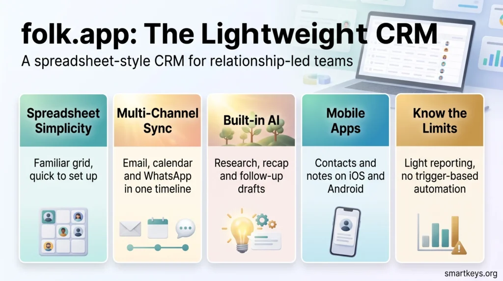 Infographic for a folk.app review showing the lightweight CRM's spreadsheet grid, multi-channel sync, built-in AI, mobile apps and its limits.