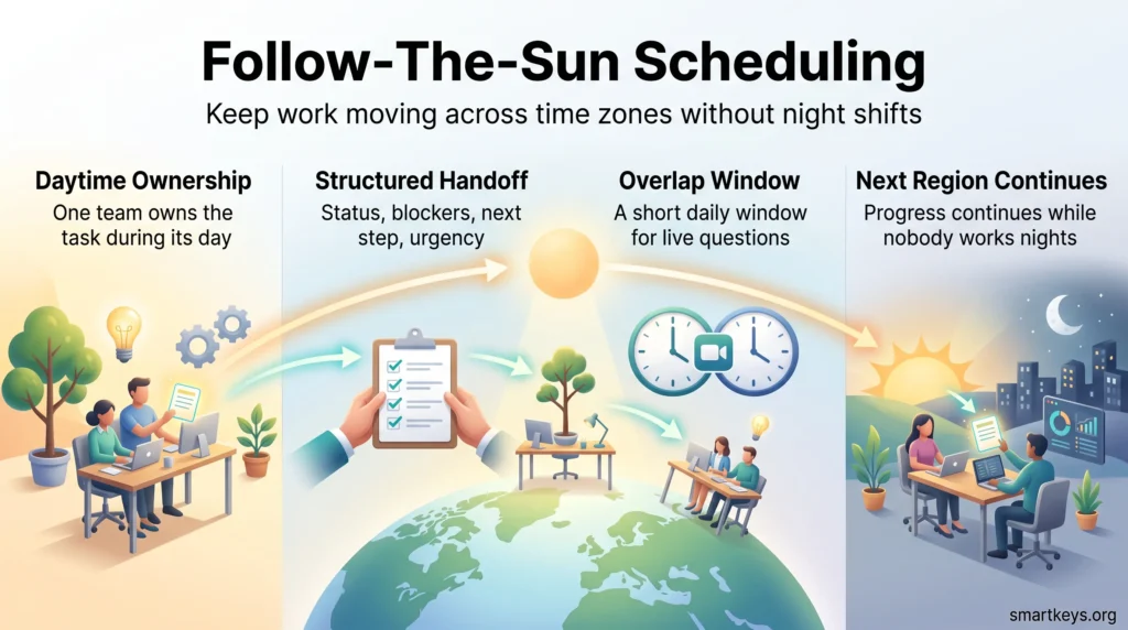 Follow-the-sun scheduling infographic: a sun crosses the globe as teams pass work through ownership, handoff, overlap window and the next region.
