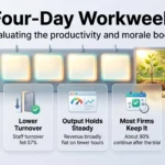 Infographic on the four-day workweek showing lower burnout and turnover, steady output, high retention after trials, and why redesign comes first.