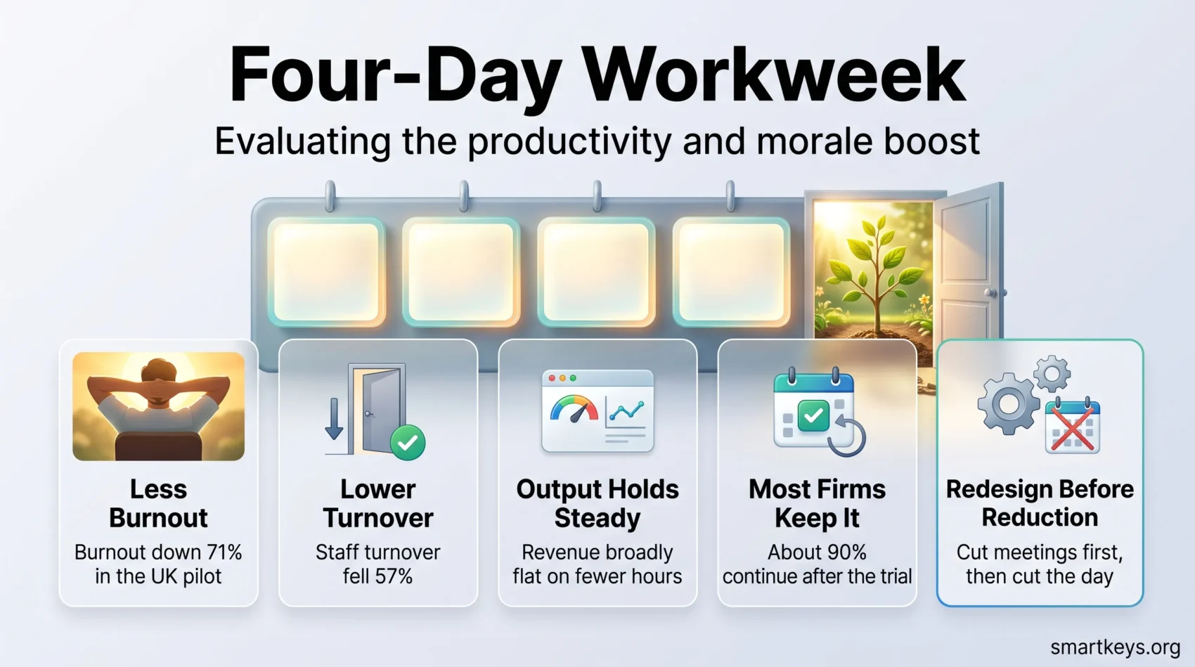 Infographic on the four-day workweek showing lower burnout and turnover, steady output, high retention after trials, and why redesign comes first.
