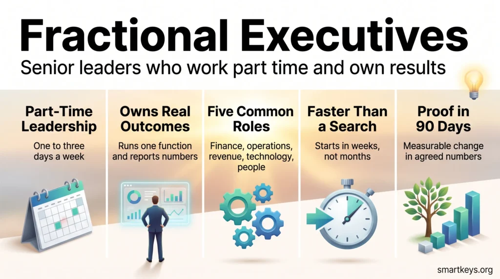 Infographic on fractional executives: part-time leaders who work one to three days a week, own outcomes and show measurable results within 90 days.