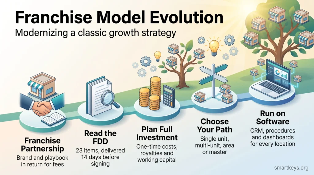 Franchise model infographic showing five steps: partnership, reading the FDD, planning the investment, choosing an ownership path and running on software