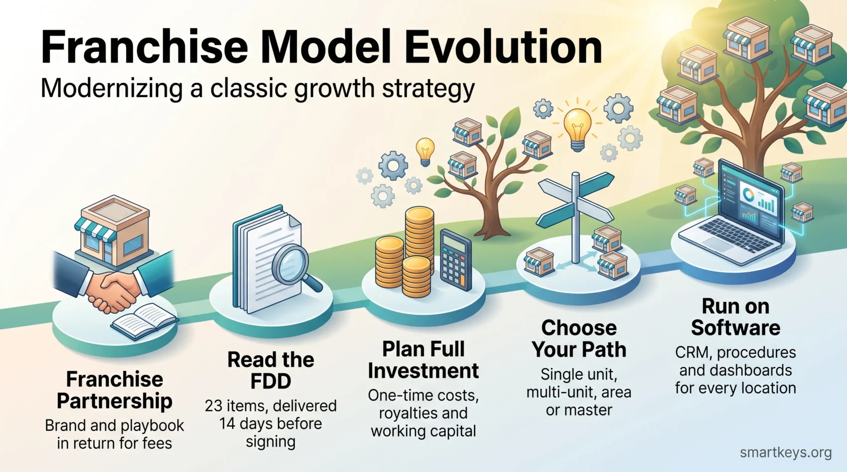 Franchise model infographic showing five steps: partnership, reading the FDD, planning the investment, choosing an ownership path and running on software