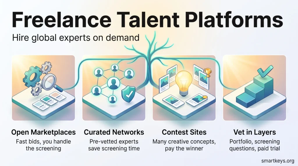 Infographic on freelance talent platforms comparing open marketplaces, curated networks and contest sites, plus vetting freelancers in layers.