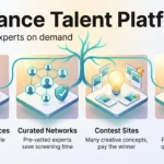 Infographic on freelance talent platforms comparing open marketplaces, curated networks and contest sites, plus vetting freelancers in layers.