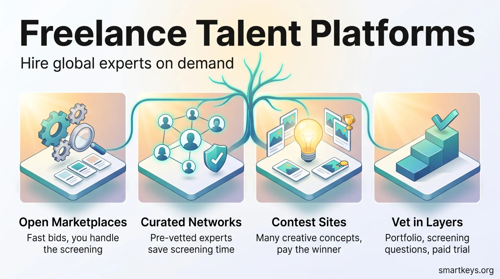 Infographic on freelance talent platforms comparing open marketplaces, curated networks and contest sites, plus vetting freelancers in layers.
