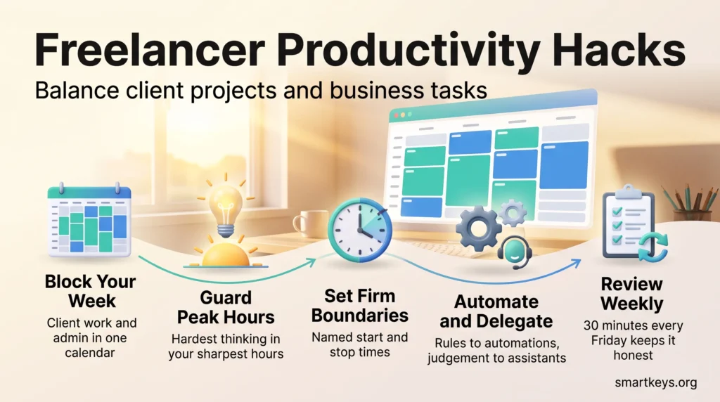 Infographic on freelancer productivity hacks: block your week, guard peak hours, set boundaries, automate and delegate, and review weekly.