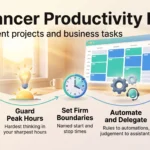 Freelancer Productivity Hacks: Balance Client Projects and Business Tasks Infographic on freelancer productivity hacks: block your week, guard peak hours, set boundaries, automate and delegate, and review weekly.