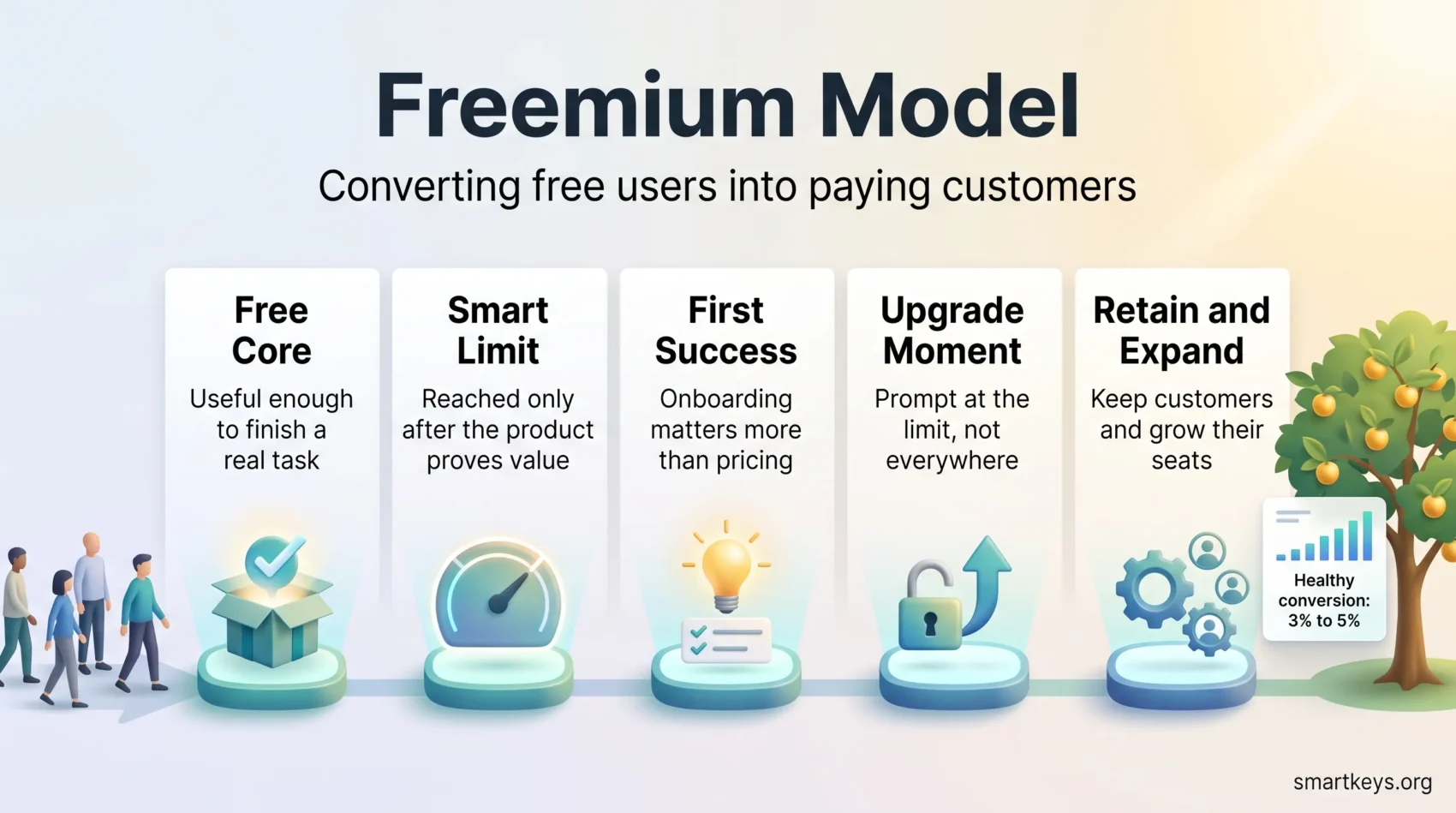 Freemium model infographic showing five steps from a useful free core and a smart limit to first success, the upgrade moment and retention.