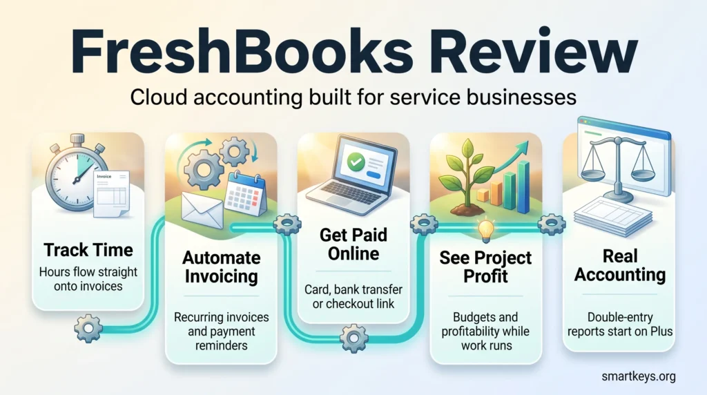FreshBooks review infographic: time tracking, automated invoicing, online payments, project profit and double-entry accounting for service businesses.