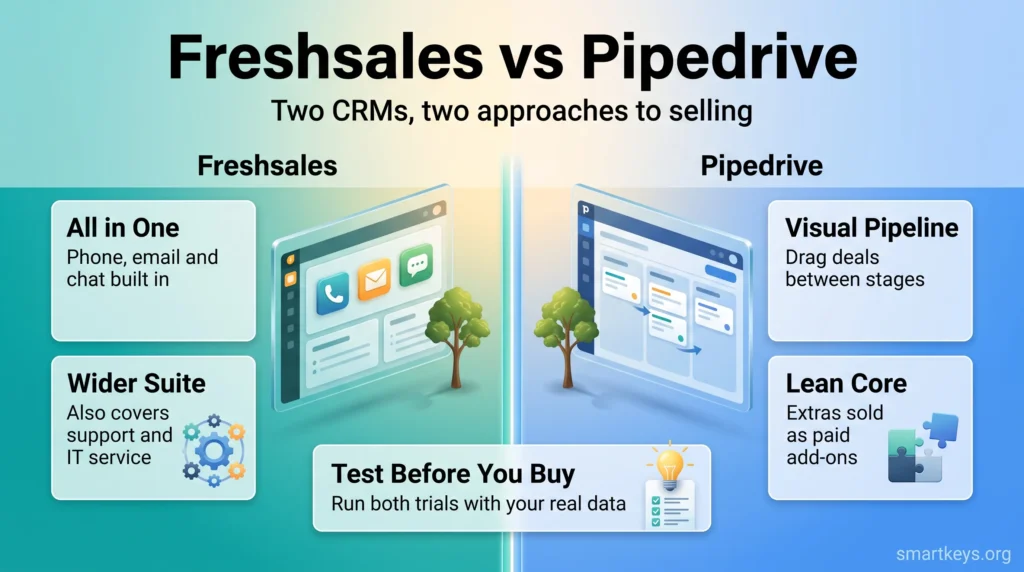 Freshsales vs Pipedrive infographic comparing a CRM with built-in phone, email and chat to a lean visual pipeline with paid add-ons.