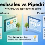 Freshsales vs Pipedrive infographic comparing a CRM with built-in phone, email and chat to a lean visual pipeline with paid add-ons.