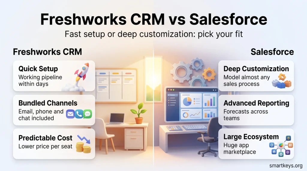 Freshworks CRM vs Salesforce infographic comparing quick setup, bundled channels and lower seat cost with deep customization, advanced reporting and a large app ecosystem.