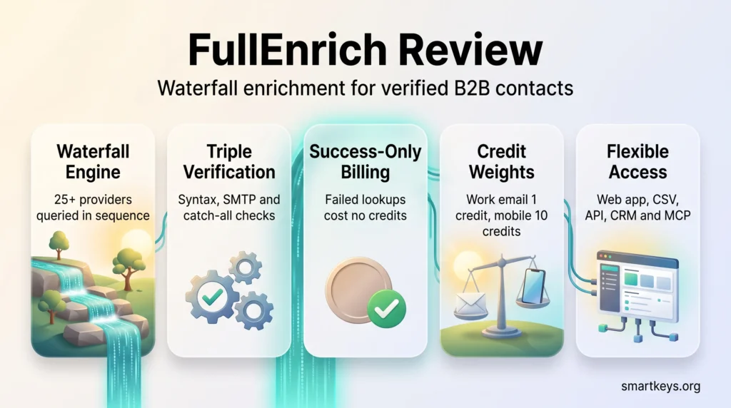 FullEnrich review infographic showing the waterfall engine, triple verification, success-only billing, credit weights and flexible access options.