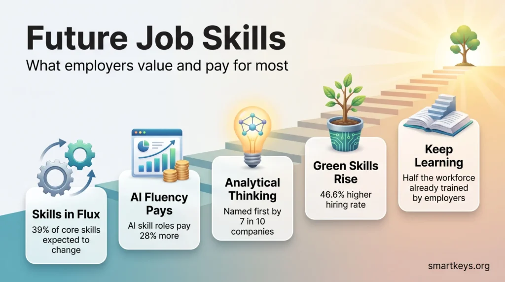 Infographic on future job skills showing changing core skills, the AI salary premium, analytical thinking, green skills and continuous learning.