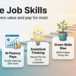Infographic on future job skills showing changing core skills, the AI salary premium, analytical thinking, green skills and continuous learning.