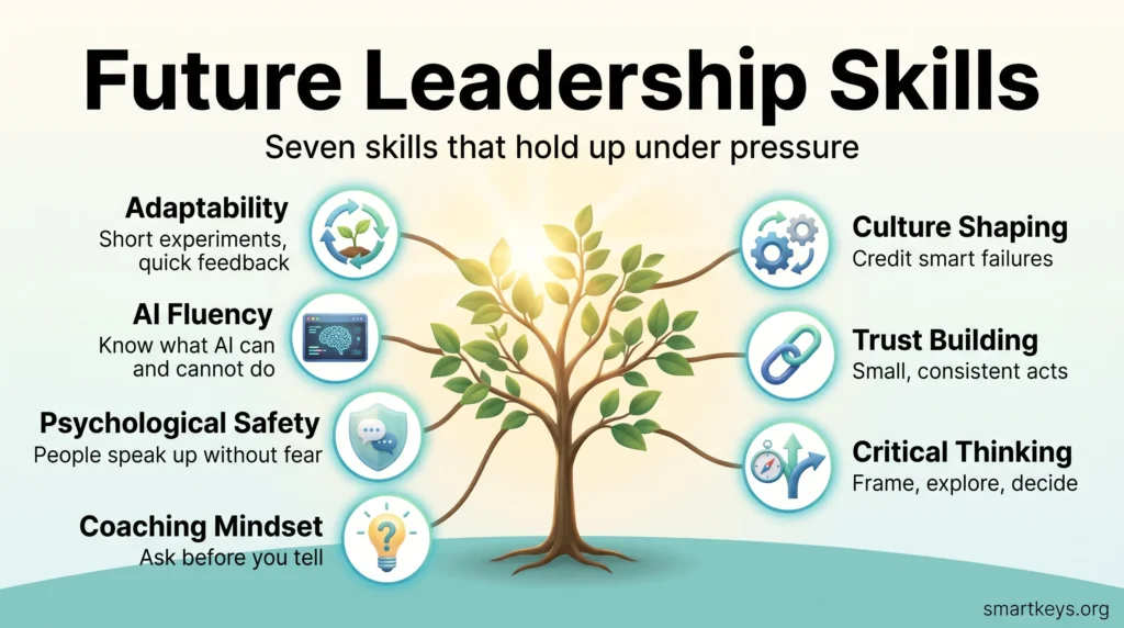 Infographic of seven future leadership skills, from adaptability and AI fluency to psychological safety, coaching, culture, trust and critical thinking.