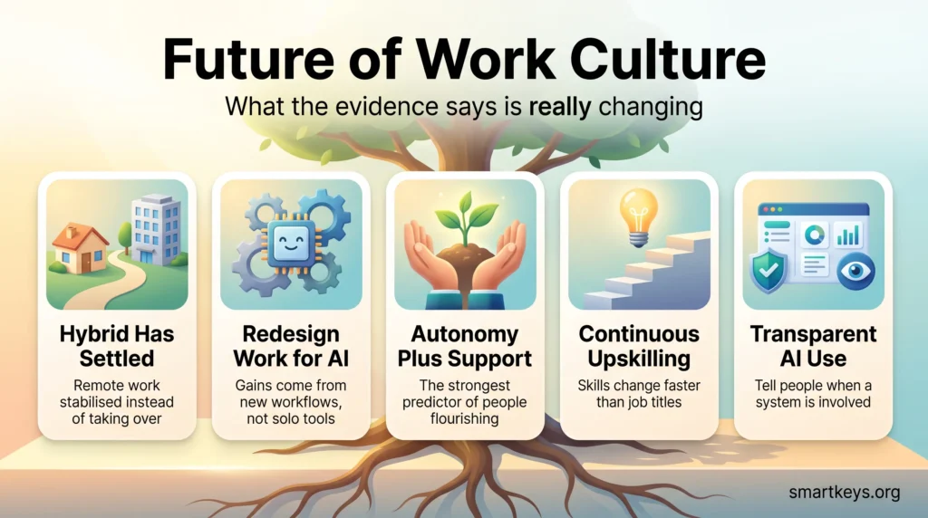 Future of work culture infographic with five pillars: settled hybrid work, redesigning work for AI, autonomy plus support, continuous upskilling and transparent AI use.