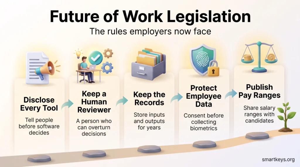 Future of work legislation infographic showing five employer duties: disclose every tool, keep a human reviewer, keep the records, protect employee data and publish pay ranges.