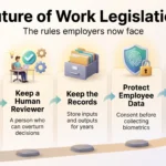 Future of work legislation infographic showing five employer duties: disclose every tool, keep a human reviewer, keep the records, protect employee data and publish pay ranges.