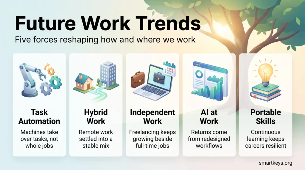 Future work trends infographic showing five forces: task automation, hybrid work, independent work, AI at work and portable skills.