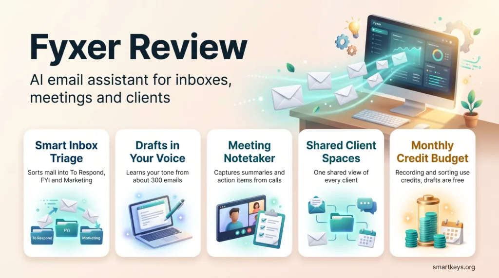 Fyxer review infographic showing smart inbox triage, AI email drafts in your tone, a meeting notetaker, shared client Spaces and a monthly credit budget.