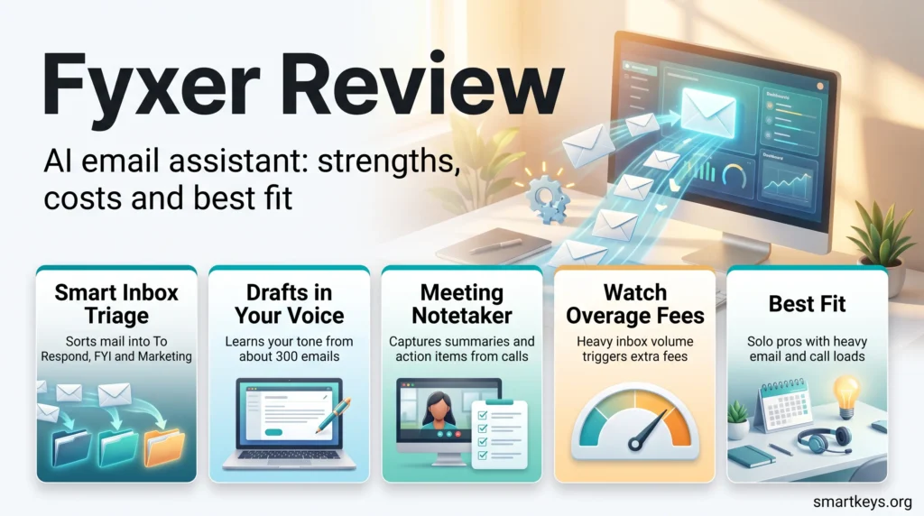 Fyxer review infographic showing smart inbox triage, tone-matched AI email drafts, meeting notes, overage fees and the best-fit users.