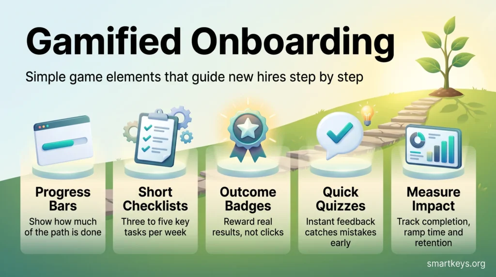 Gamified onboarding infographic showing five steps on a rising path: progress bars, short checklists, outcome badges, quick quizzes and measuring impact.