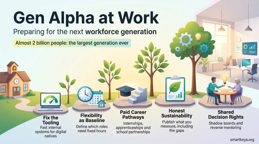 Gen Alpha infographic: a school-to-office path via faster tools, flexibility, career pathways, sustainability and shared decisions.