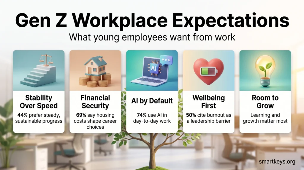 Infographic on Gen Z workplace expectations showing five priorities: stability over speed, financial security, AI at work, wellbeing and room to grow.