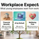 Infographic on Gen Z workplace expectations showing five priorities: stability over speed, financial security, AI at work, wellbeing and room to grow.