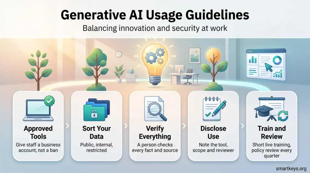 Infographic of generative AI usage guidelines for employees in five steps: approved tools, sorting data, verifying output, disclosing use, training and review.