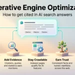 Generative Engine Optimization: Ranking in AI Search Results Generative engine optimization infographic: five pillars, clear answers, evidence, crawlable pages, trust and measurement, feeding a cited AI search answer.