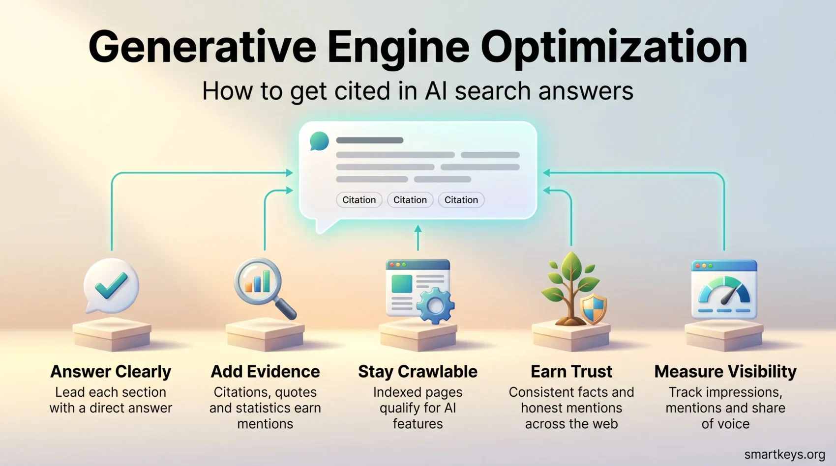 Generative engine optimization infographic: five pillars, clear answers, evidence, crawlable pages, trust and measurement, feeding a cited AI search answer.