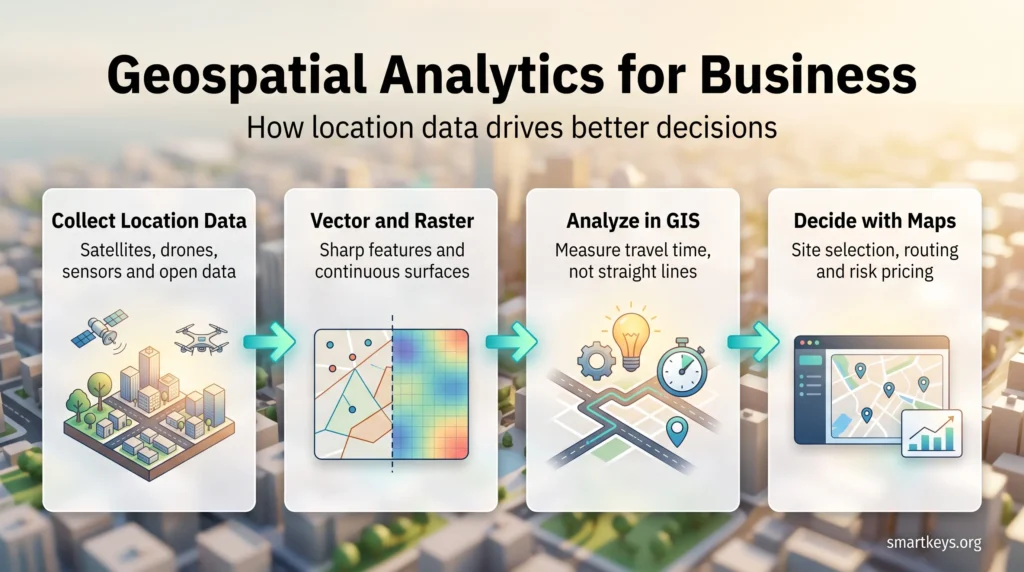 Infographic on geospatial analytics for business: collect location data, use vector and raster layers, analyze travel time in GIS, decide with maps.