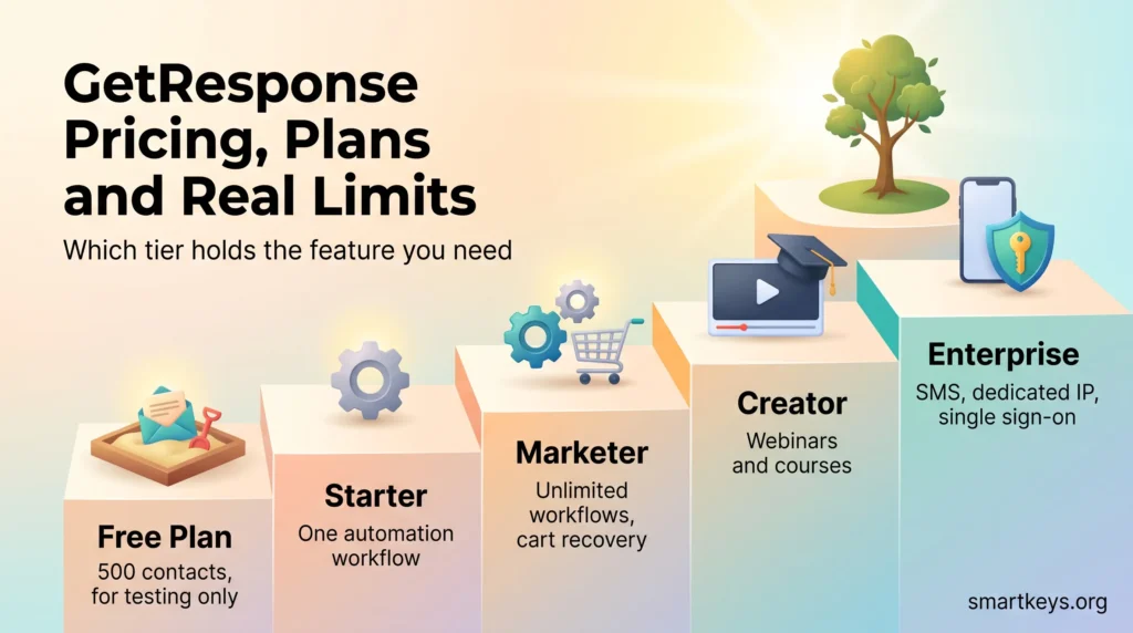 GetResponse review infographic showing the plans as a staircase from Free to Starter, Marketer, Creator and Enterprise, with the key limit of each tier.