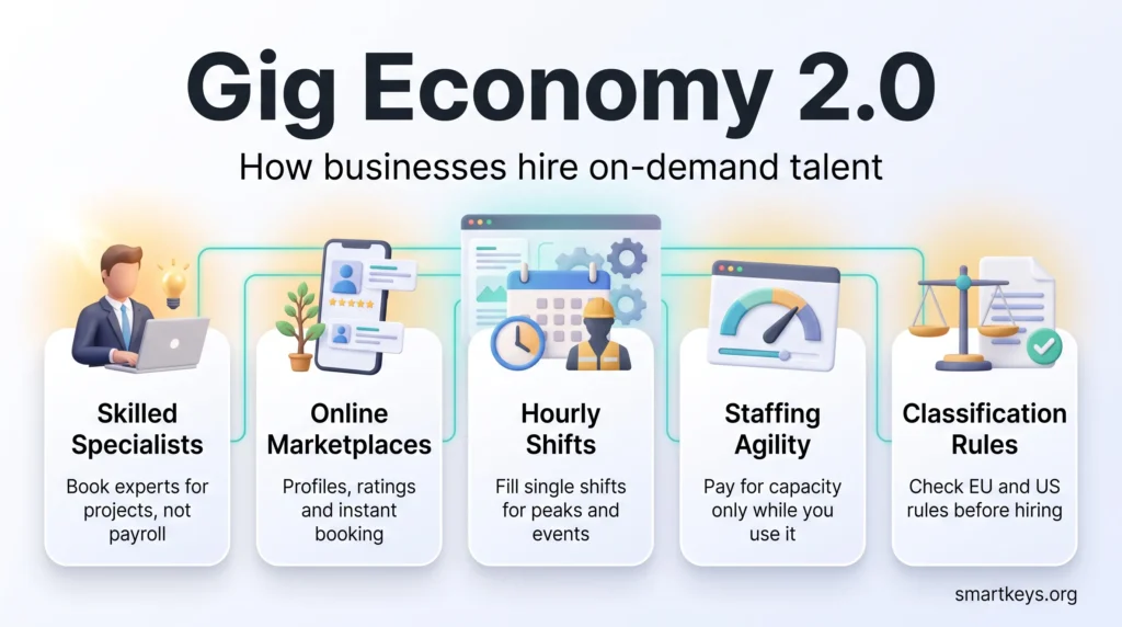 Gig Economy 2.0 infographic showing how businesses hire on-demand talent: skilled specialists, online marketplaces, hourly shifts, staffing agility and classification rules.