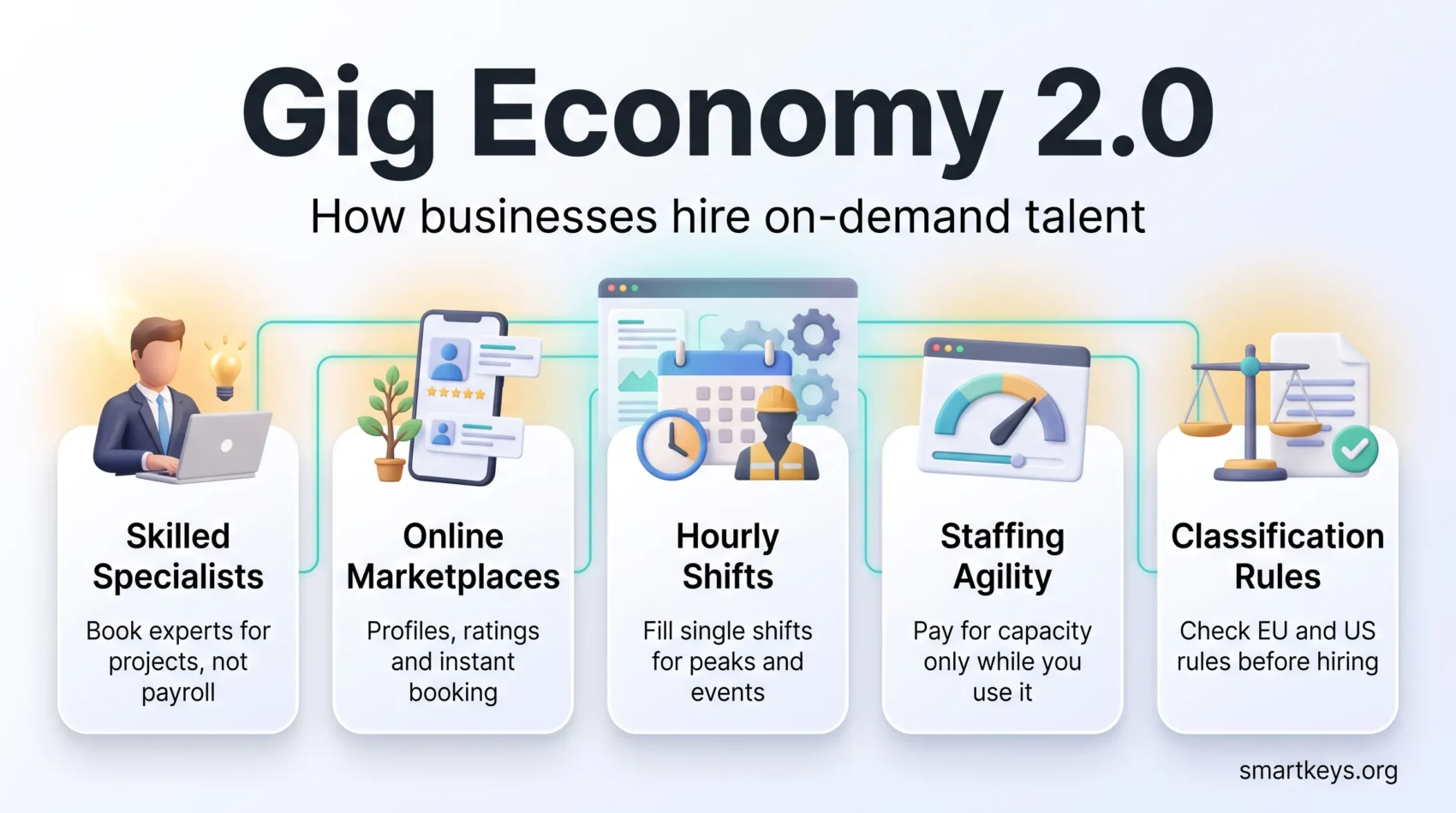 Gig Economy 2.0 infographic showing how businesses hire on-demand talent: skilled specialists, online marketplaces, hourly shifts, staffing agility and classification rules.