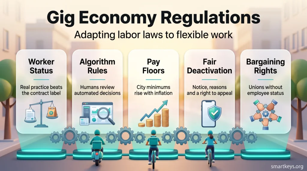 Infographic on gig economy regulations: worker status, algorithm rules, pay floors, fair deactivation and bargaining rights for app-based workers.