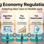 Gig Economy Regulations 2026: Adapting Labor Laws to Flexible Work Infographic on gig economy regulations: worker status, algorithm rules, pay floors, fair deactivation and bargaining rights for app-based workers.