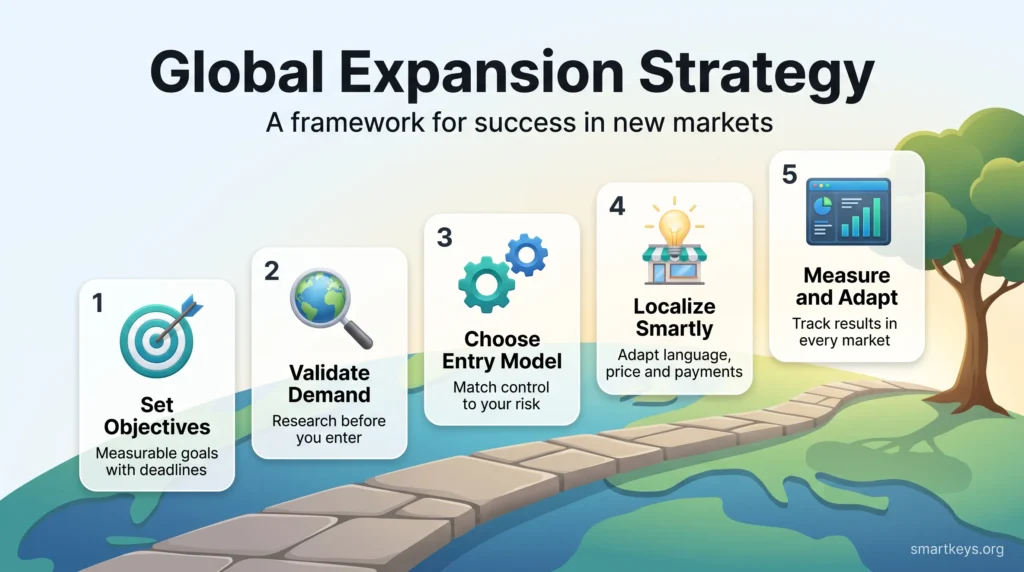 Global expansion strategy infographic showing five steps along a path: set objectives, validate demand, choose an entry model, localize, measure and adapt.